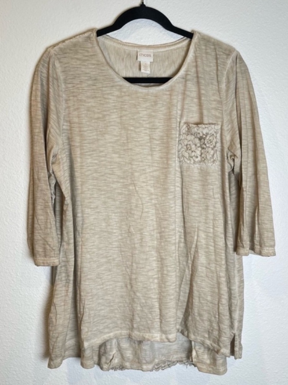 Chico's Burnout Lace Top Size 3 XL Beige Putty Cotton 3/4 Sleeve Neutral Casual